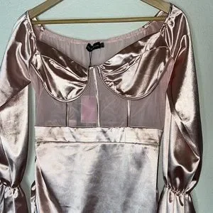 Prettylittlething Dresses | Pretty Little Thing Dusty Pink Bardot Satin Mesh Insert Ruched Bodycon Dress Nwt | Color: Pink | Size: 10 |